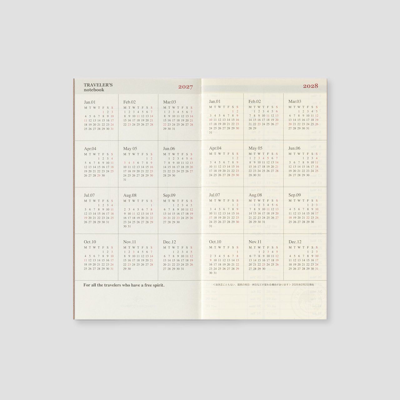 Traveler's Notebook Regular 2027 Wochenkalender vertikal