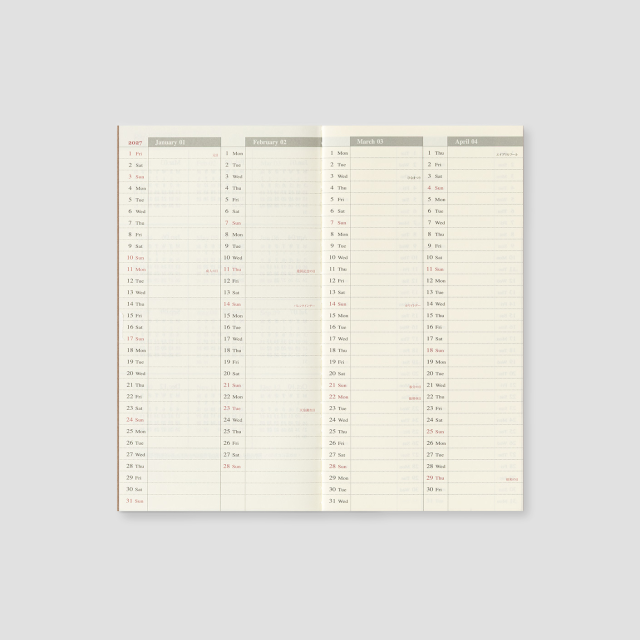 Traveler's Notebook Regular 2027 Wochenkalender vertikal