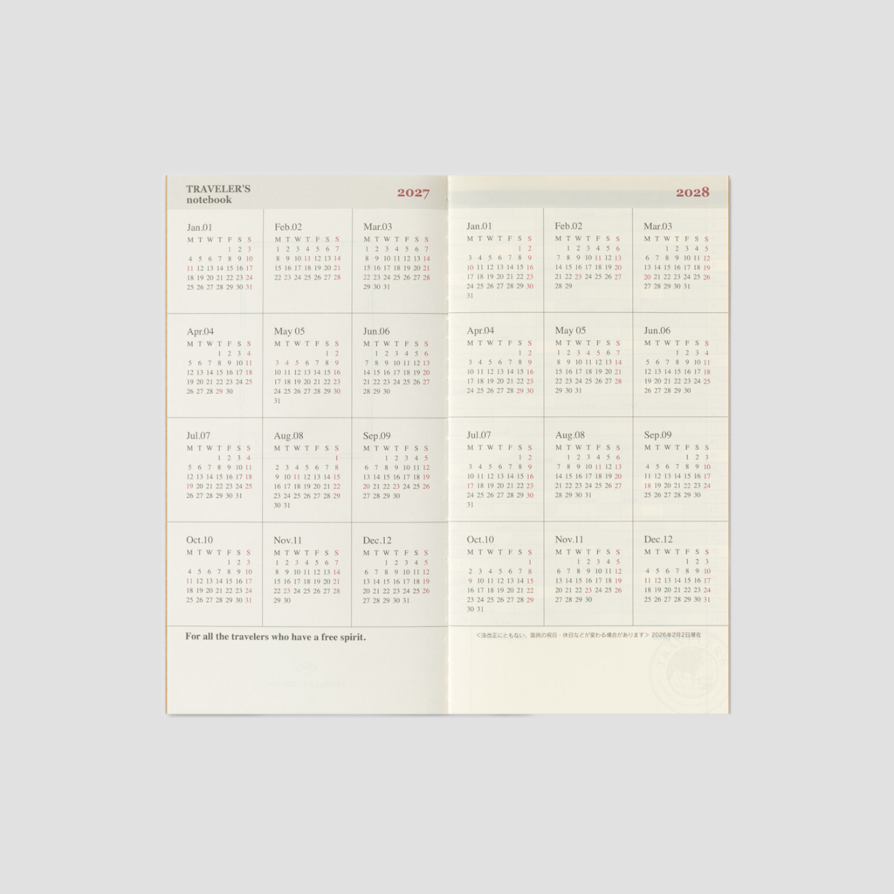 Traveler's Notebook Regular 2027 Monatskalender